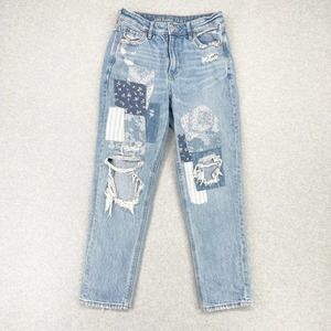 American Eagle High Rise Mom Jean Straight Patchwork Distressed Size 4 Blue Hole